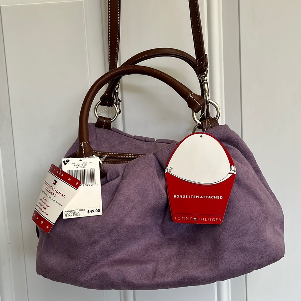 Tommy Hilfiger Purple Satchel with 2 Brown Handles. One is Removable. NWT